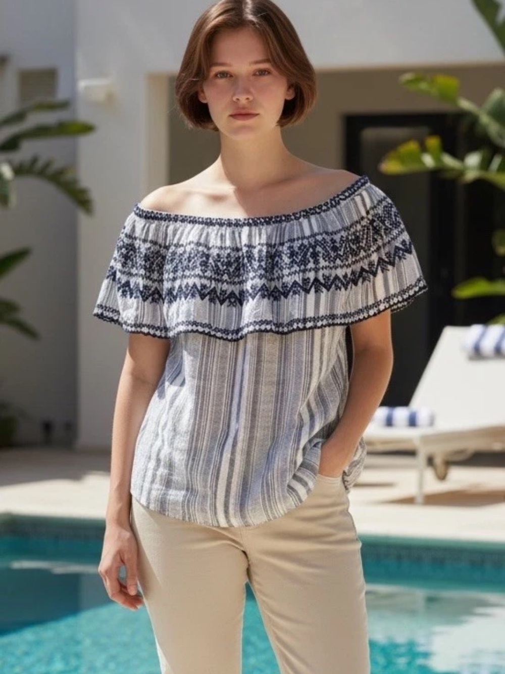 Calypso St Barth Top M/L Blue White On Off Shoulder Ruffle Peasant Embroidered
